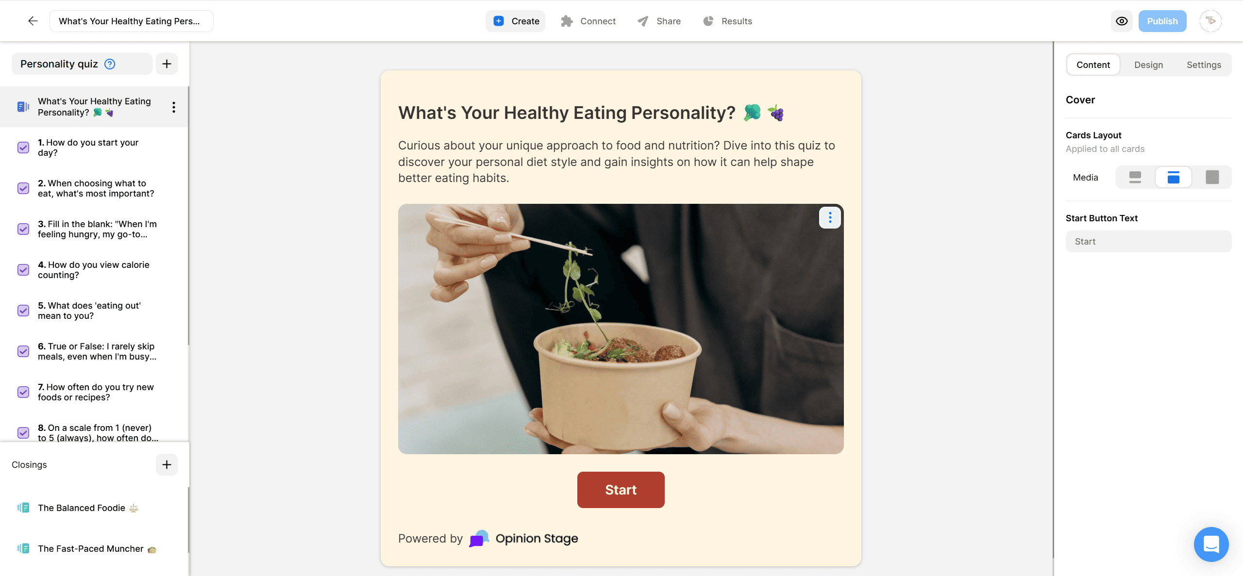 Screenshot of a “Healthy Eating Personality” quiz in Opinion Stage. The quiz description invites users to explore their diet style and eating habits. The image shows a person using chopsticks to pick up greens from a bowl of healthy food.