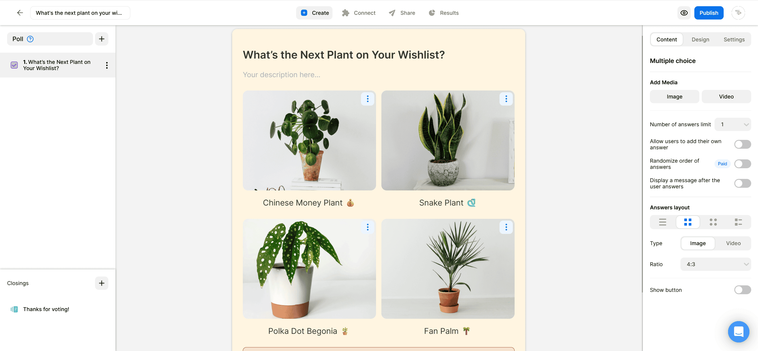 “Opinion Stage poll editor showing a poll titled ‘What’s the Next Plant on Your Wishlist?’ with image choices for Chinese Money Plant, Snake Plant, Polka Dot Begonia, and Fan Palm, and the settings panel on the right.