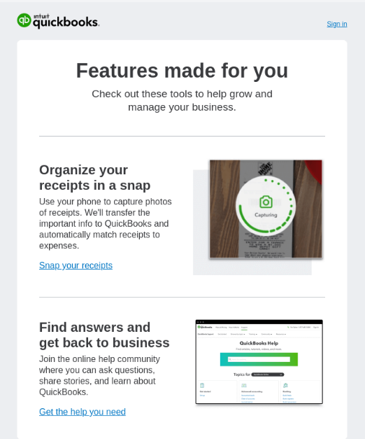QuickBooks email highlighting tools that help manage your business, featuring receipt capture with a phone and access to the QuickBooks Help community for support.