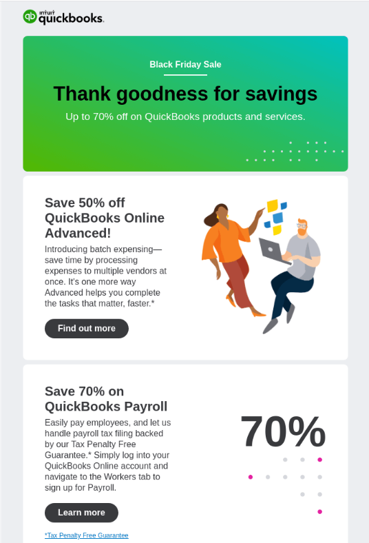 QuickBooks Black Friday email promoting up to 70% off products and services, featuring discounts on QuickBooks Online Advanced and QuickBooks Payroll with colorful illustrations of people working.