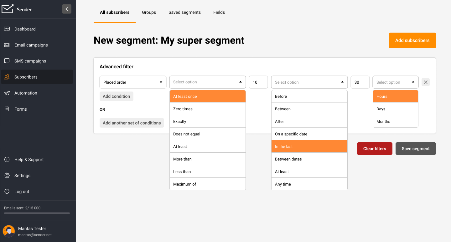 Sender platform interface showing the creation of a new subscriber segment with advanced filters based on order frequency and time frame.