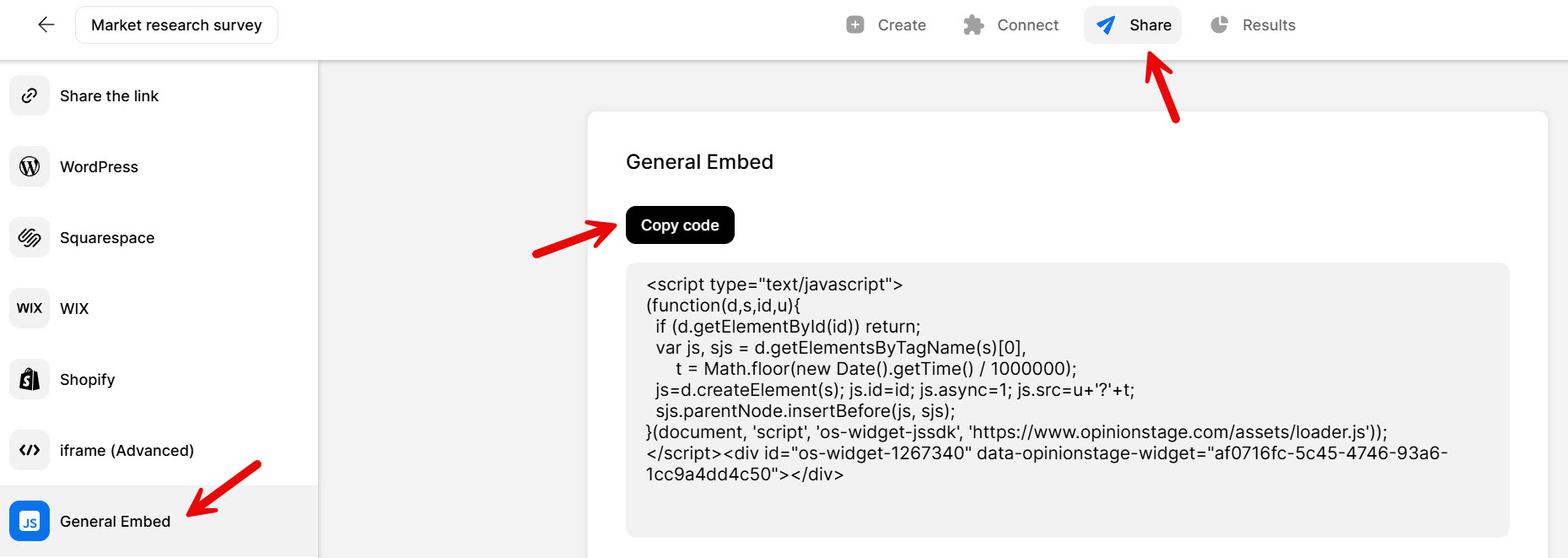 Opinion Stage Share screen showing the General Embed option, the Copy Code button, and the generated JavaScript embed code, with publishing platforms listed on the left.