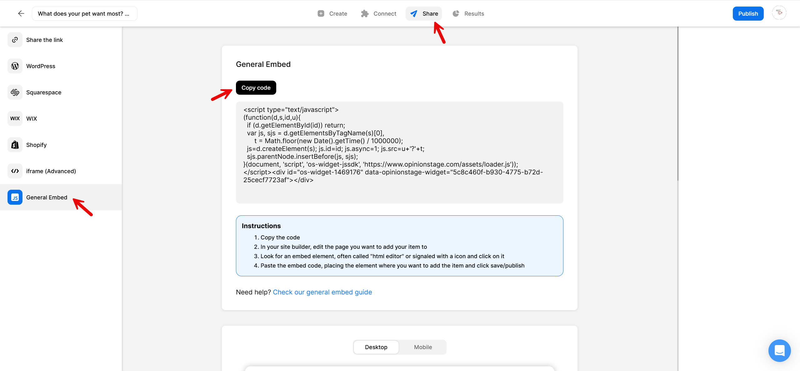 Opinion Stage Share screen showing the General Embed option selected, the copy-code button, the JavaScript embed code, and step-by-step embed instructions.