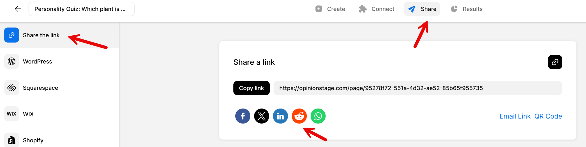 Screenshot of the Opinion Stage ‘Share’ tab showing the Share the link section, social media sharing icons, and the Copy link button.