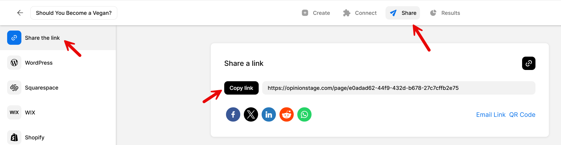 Opinion Stage Share page showing the quiz link, with arrows highlighting the Share tab, Share the link option, and Copy link button.