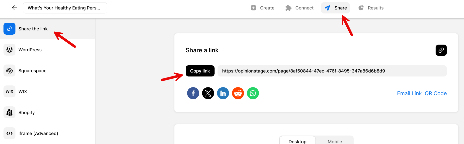 Opinion Stage sharing menu showing the 'Share the link' option selected on the left, arrows pointing to the 'Share' button at the top and the 'Copy link' button beside the quiz URL.