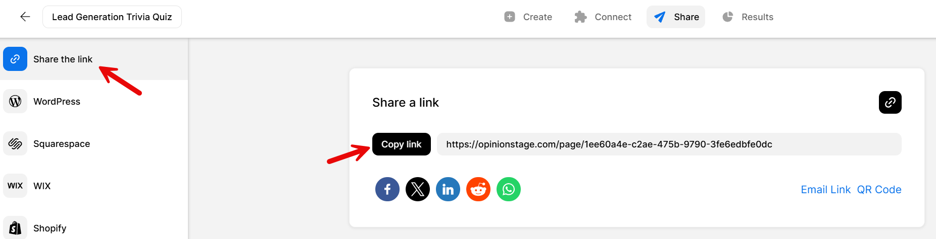 “Screenshot of the Opinion Stage Share panel showing the ‘Share the link’ option selected on the left, with a ‘Copy link’ button and the quiz URL displayed on the right.