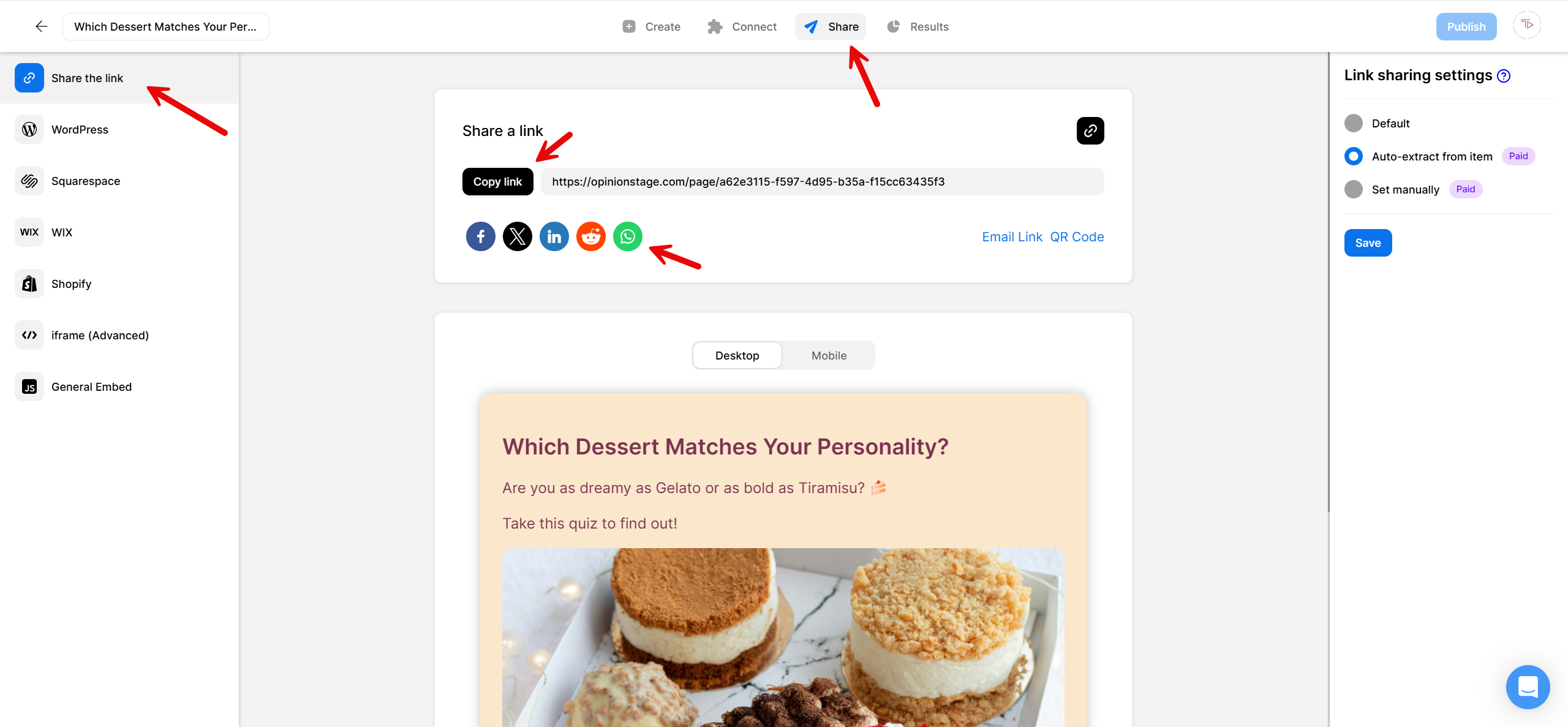 Screenshot of the Opinion Stage quiz editor showing how to share a quiz on WhatsApp.