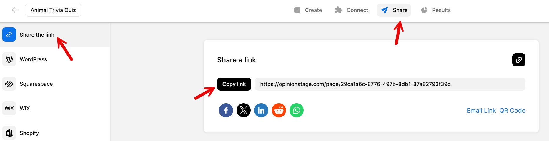 Screenshot of the Opinion Stage quiz sharing screen for an Animal Trivia Quiz, showing the ‘Share the link’ menu selected on the left, the ‘Copy link’ button with the quiz URL, social sharing icons, and the Share button highlighted at the top.
