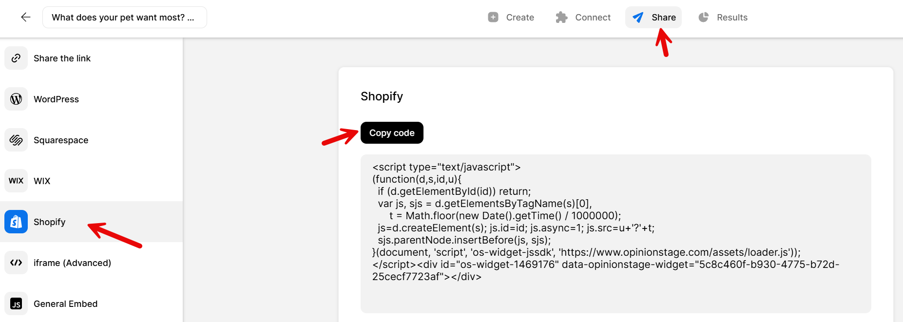 Opinion Stage Share screen with the Shopify option selected, showing the Copy code button and the JavaScript embed code for the poll.