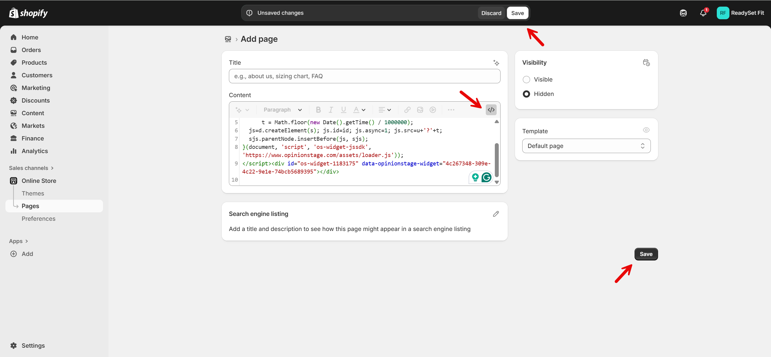 Shopify page editor showing the embed code pasted into the Content box, the code view icon highlighted, and the Save buttons at the top and bottom of the screen.
