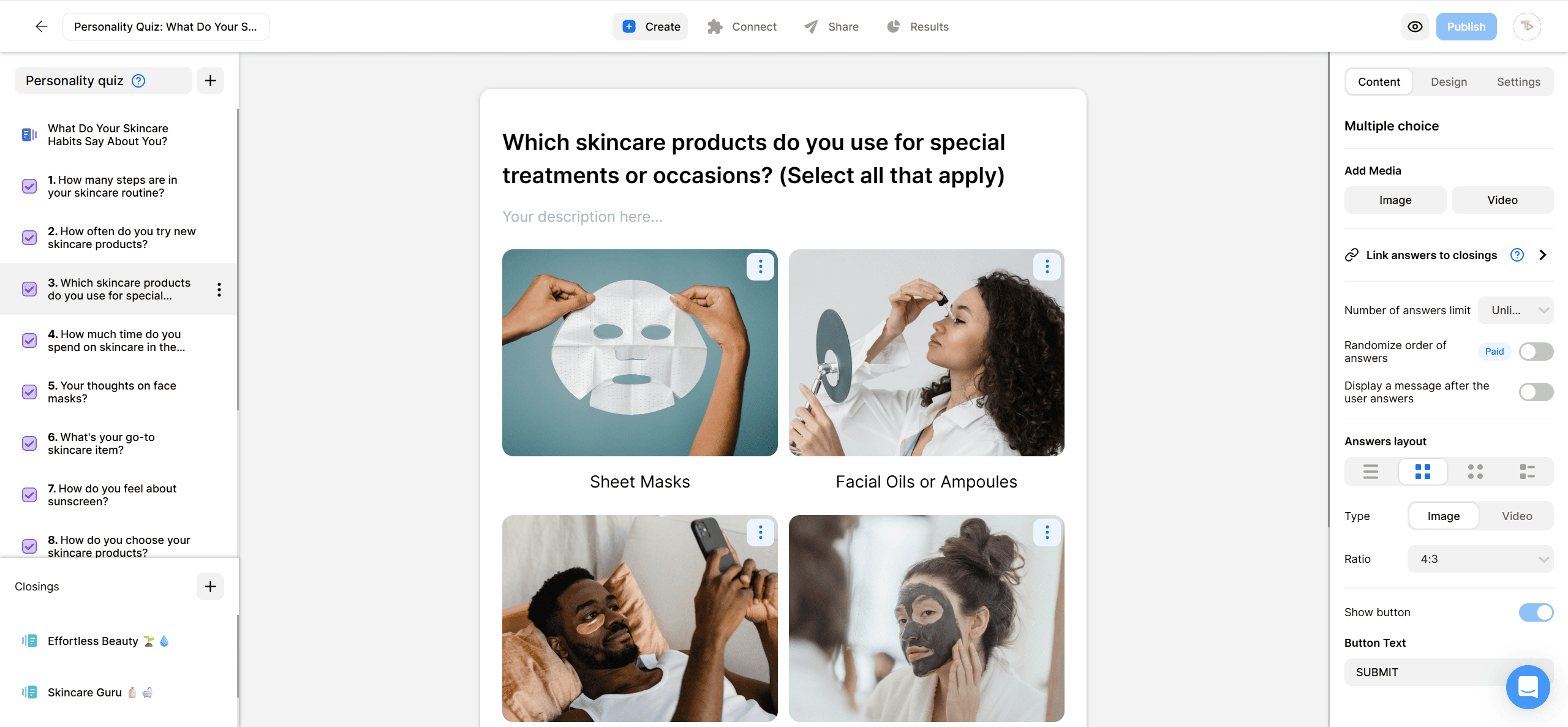 Screenshot of a skincare personality quiz question asking, “Which skincare products do you use for special treatments or occasions?” with image options for sheet masks, facial oils, eye patches, and face masks.