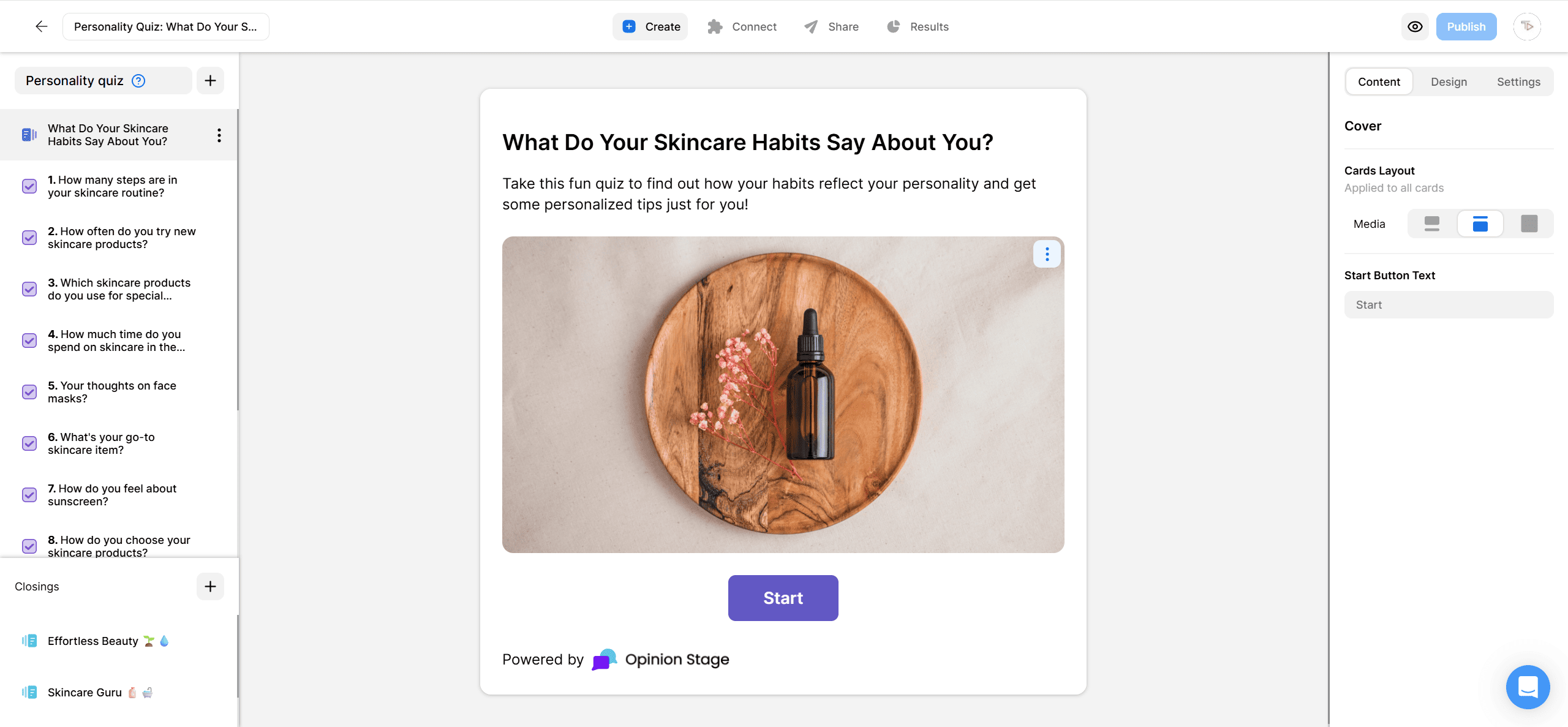 Screenshot of the Opinion Stage quiz editor showing a personality quiz titled ‘What Do Your Skincare Habits Say About You?’ The center preview displays the quiz cover with a wooden tray, skincare bottle, and flowers, along with a purple Start button. The left panel lists quiz questions, and the right panel shows cover settings.