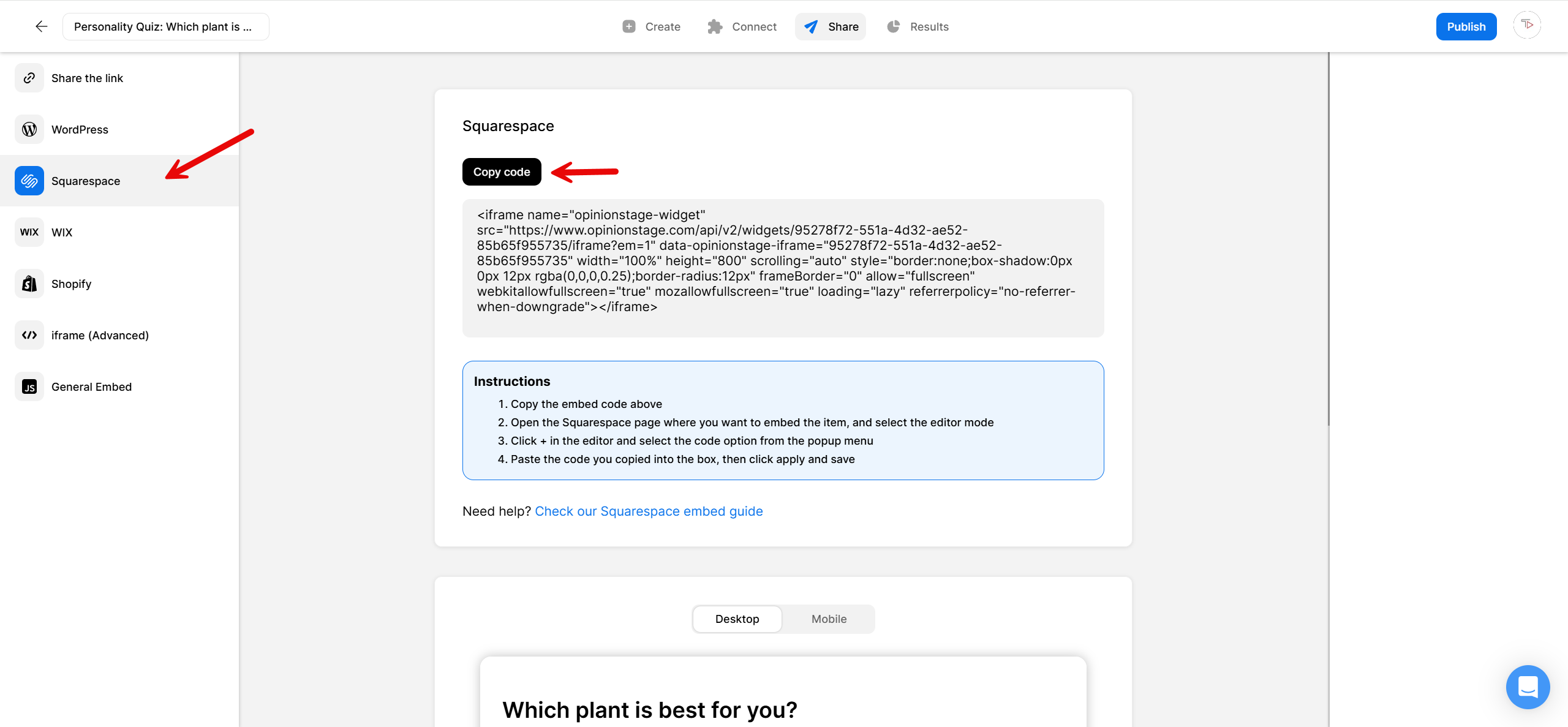 Screenshot of Opinion Stage's quiz builder showing how you can find and copy your quiz's Squarespace embed code.