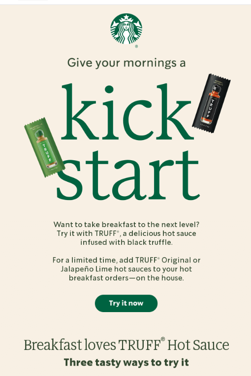 Starbucks email promoting a TRUFF Hot Sauce collaboration, featuring bottles of TRUFF Original and Jalapeño Lime hot sauce with the headline ‘Give your mornings a kickstart.