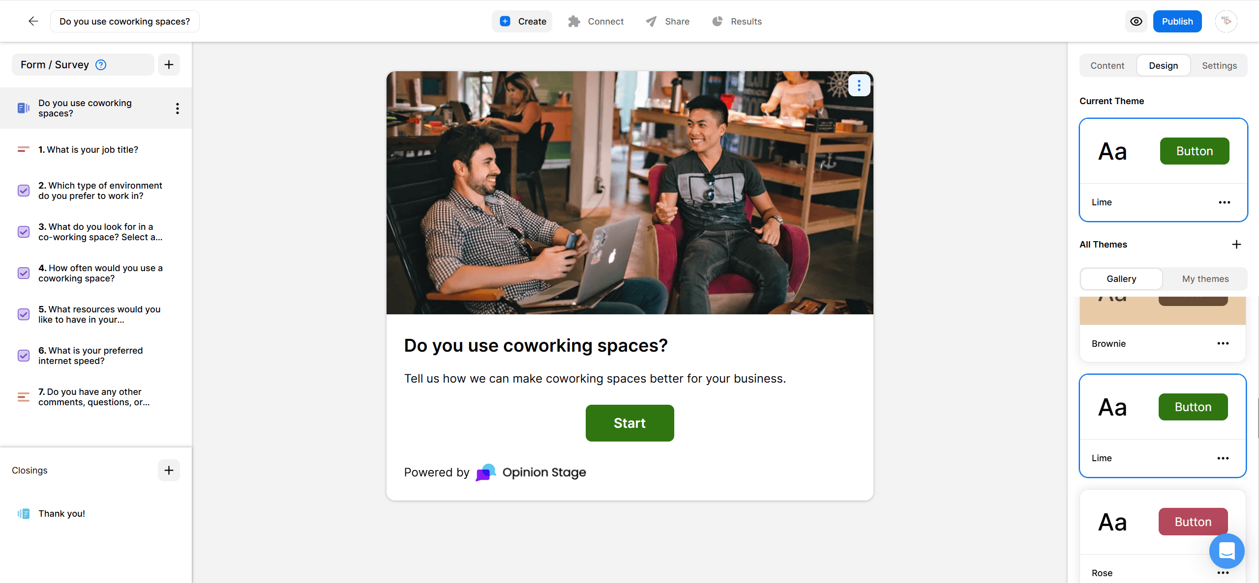 Opinion Stage survey editor showing the question list on the left, a coworking-space survey preview in the center with a Start button, and theme design options on the right.