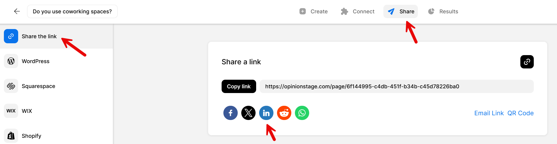 Opinion Stage Share screen with the Share the link option selected, the copy-link button, survey URL, and social sharing icons beneath it.