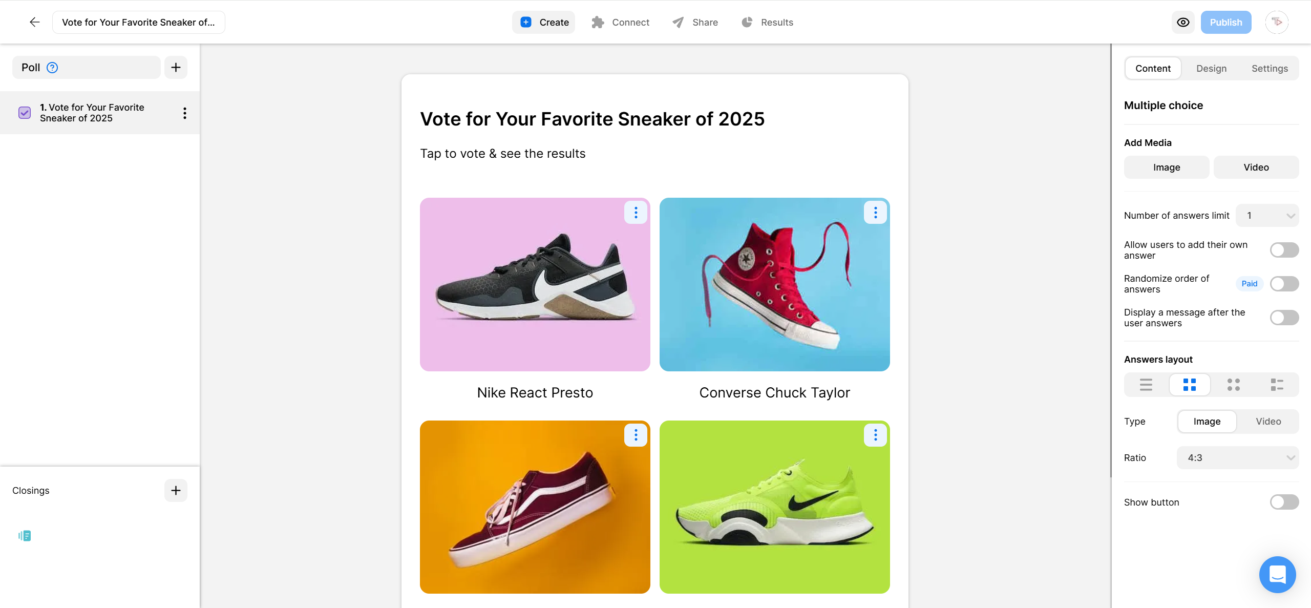 Opinion Stage poll editor showing a poll titled ‘Vote for Your Favorite Sneaker of 2025’ with image answer options and the settings panel on the right.