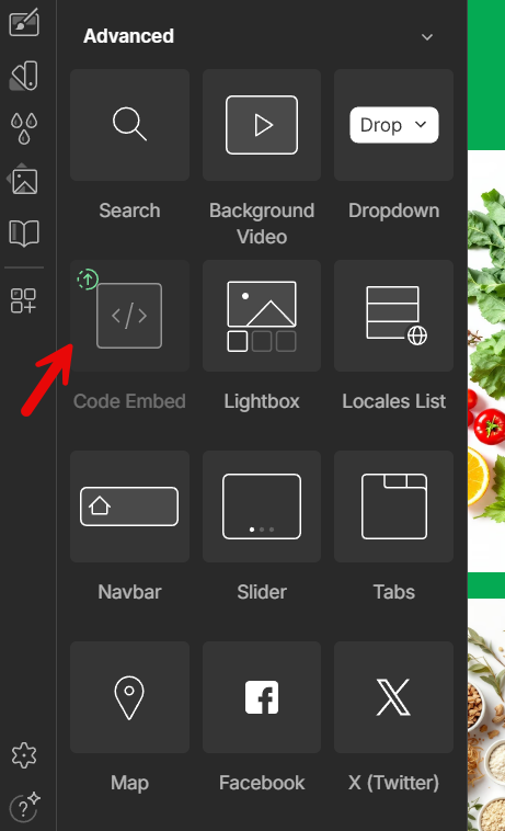 Screenshot of the Webflow Designer’s “Advanced” elements panel, with a red arrow pointing to the Code Embed widget, which is used to insert custom code such as a quiz embed.