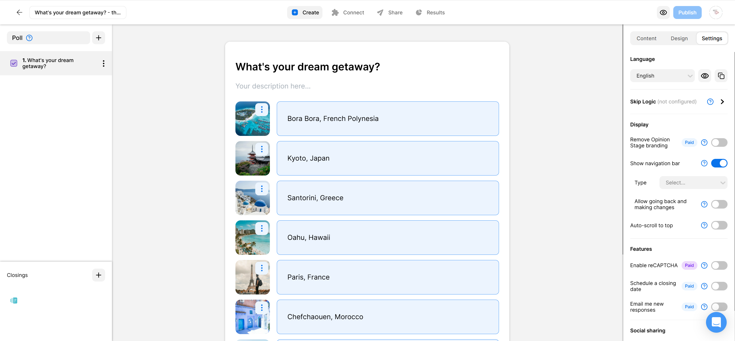 Opinion Stage thumbnail poll showing the question ‘What’s your dream getaway?’ with image-based answer choices and the settings panel on the right.