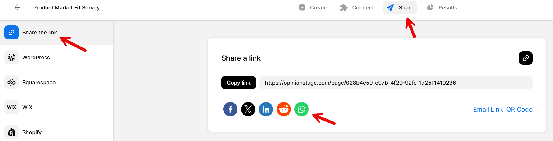 Screenshot of the Opinion Stage share panel showing how to share a survey link. The ‘Share the link’ option is selected on the left, and the link can be copied using the ‘Copy link’ button. Social sharing icons are displayed underneath, with the WhatsApp icon highlighted.