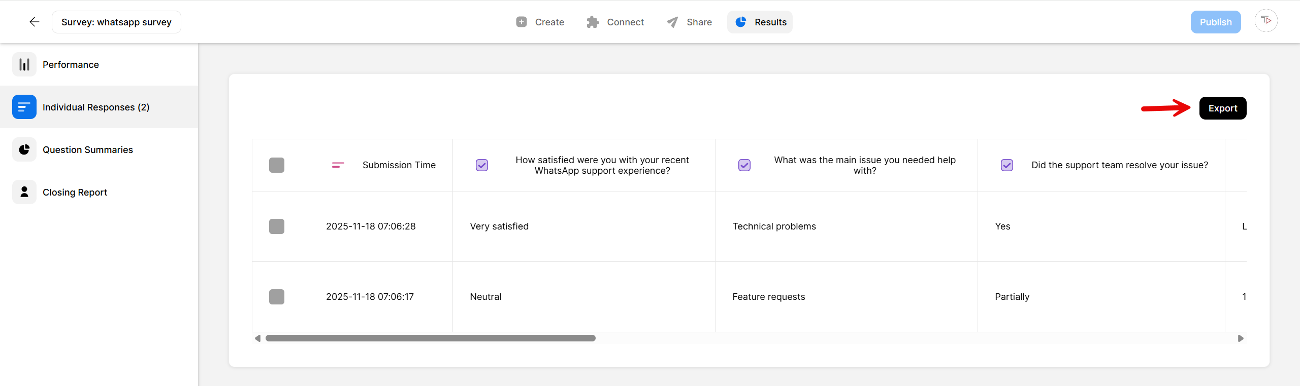 Screenshot of the Opinion Stage survey dashboard showing the Individual Responses table for a WhatsApp survey. The table lists submission times and answers for each respondent, including satisfaction level, main issue, and whether support resolved the issue. A red arrow points to the ‘Export’ button in the top-right corner, which allows downloading the survey results.