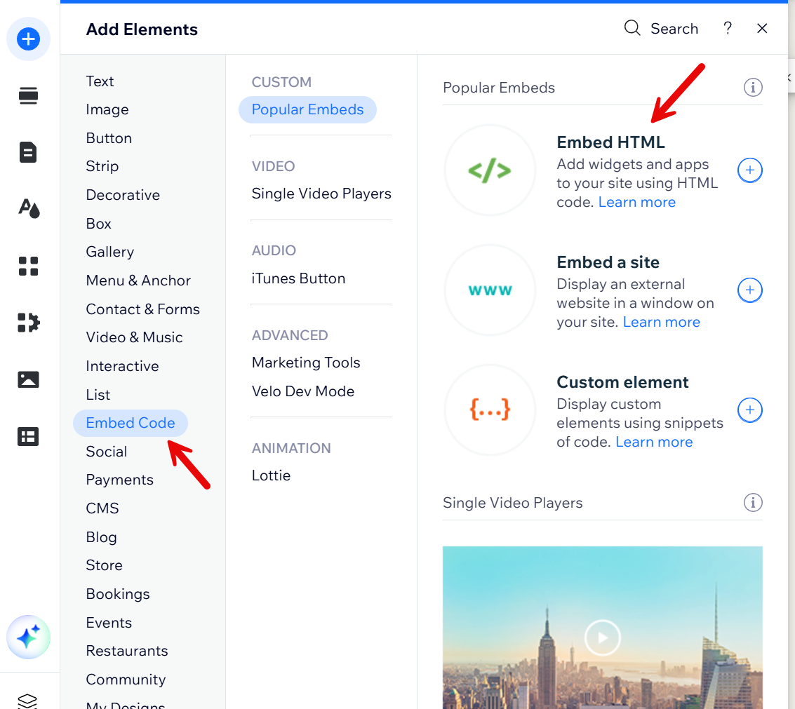 Screenshot of the Wix “Add Elements” panel showing how to embed HTML code. A red arrow points to “Embed Code” in the left sidebar, and another arrow highlights “Embed HTML” under the “Popular Embeds” section on the right. This option allows users to add widgets or apps to their Wix site using custom HTML code.