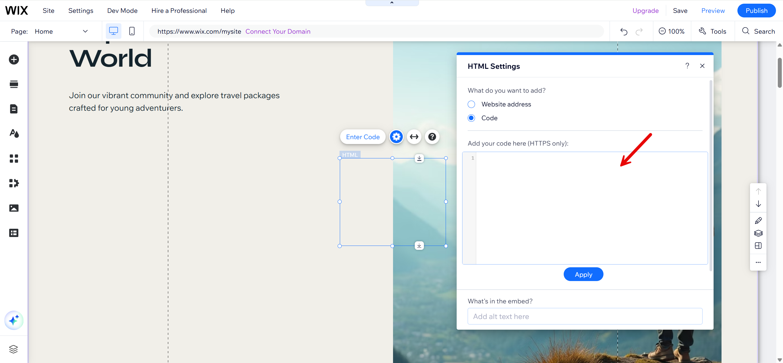 Screenshot of the Wix editor showing how to add custom HTML code to a page. The “HTML Settings” panel is open on the right with the “Code” option selected, and a red arrow points to the empty field labeled “Add your code here.”