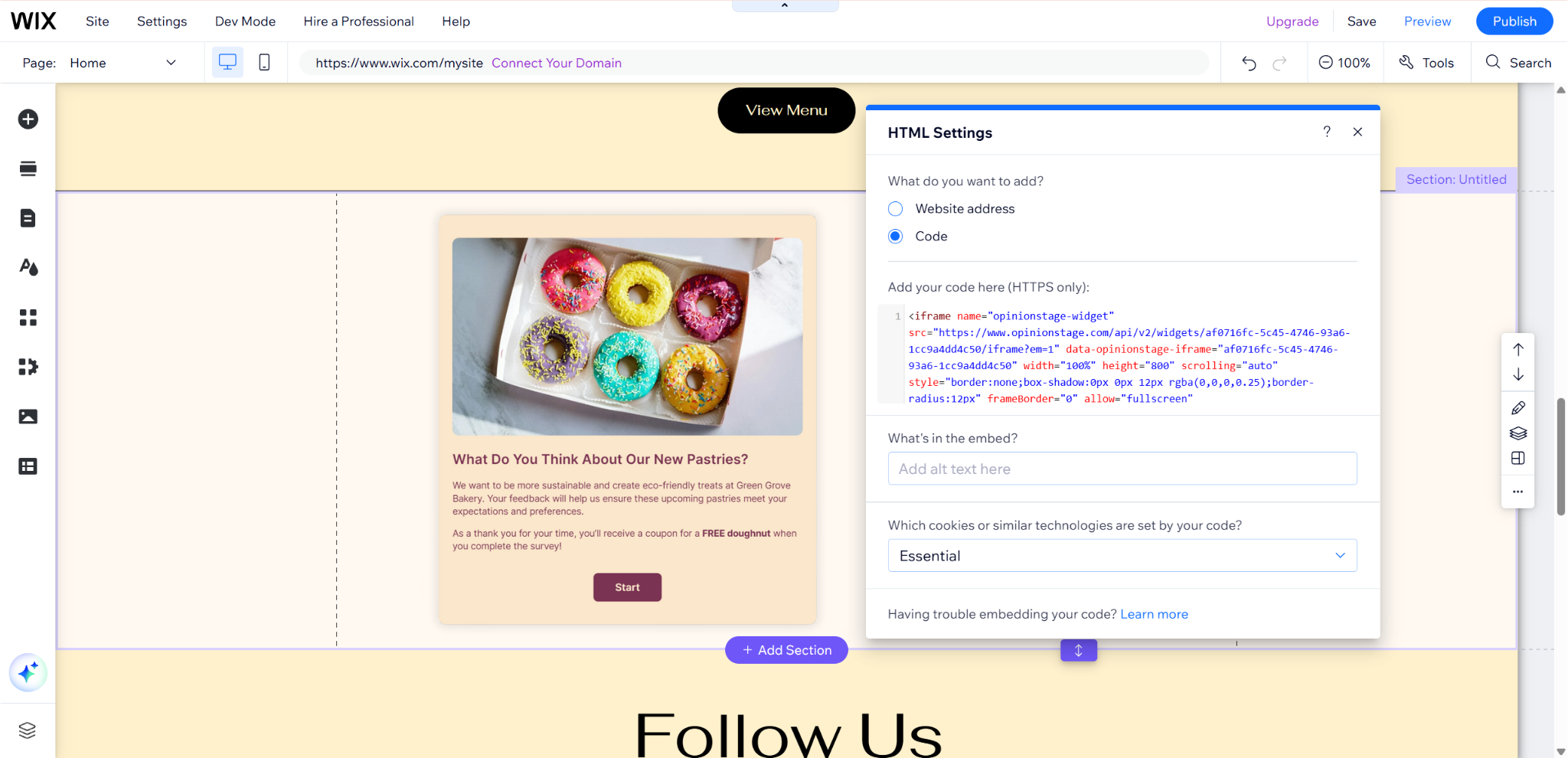 Screenshot of the Wix Editor showing an embedded survey. The HTML Settings panel is open on the right with the Opinion Stage iframe code pasted in, and the survey preview card featuring colorful donuts appears in the center of the page.