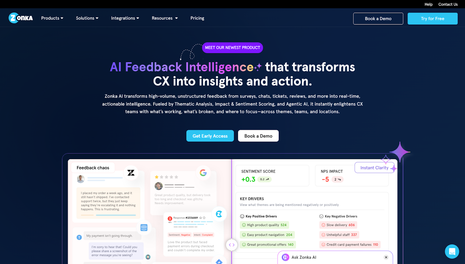 Zonka AI homepage showcasing AI Feedback Intelligence that turns customer feedback into insights and action, with visuals of sentiment scores and key drivers.