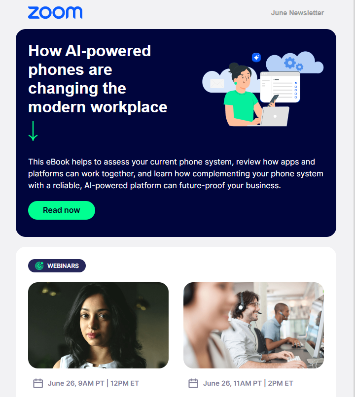 Zoom newsletter promoting an eBook on how AI-powered phones are transforming the modern workplace, with webinar previews and dates for upcoming virtual events.