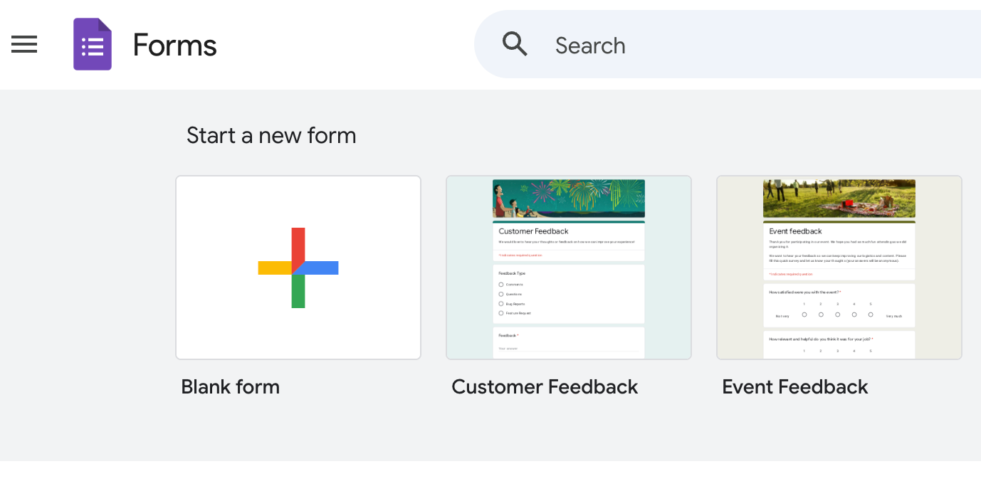Google Forms homepage showing options to start a new form, including a blank form and feedback templates.