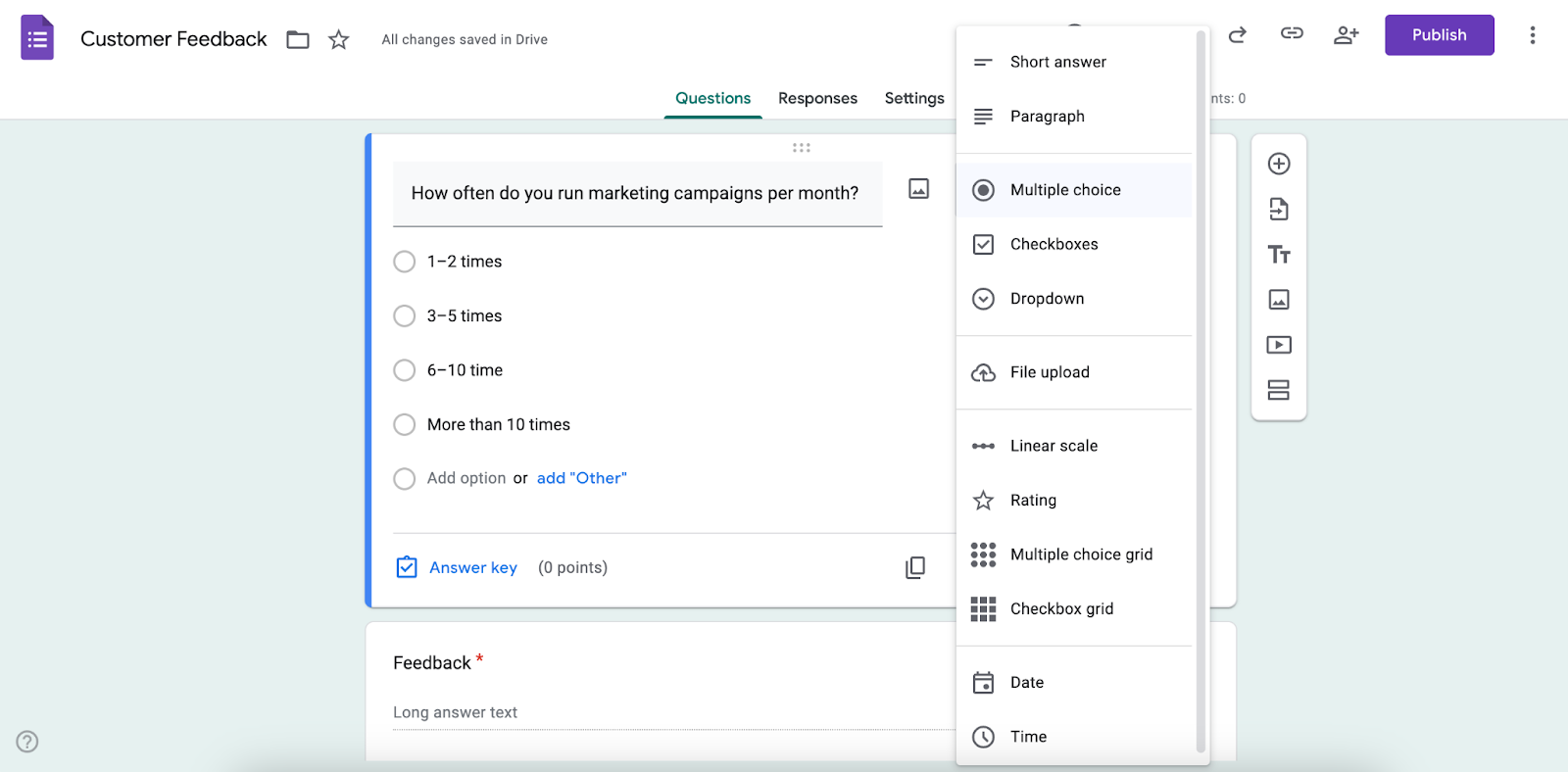 Google Forms question editor showing a multiple-choice question with answer options and the question type menu open.