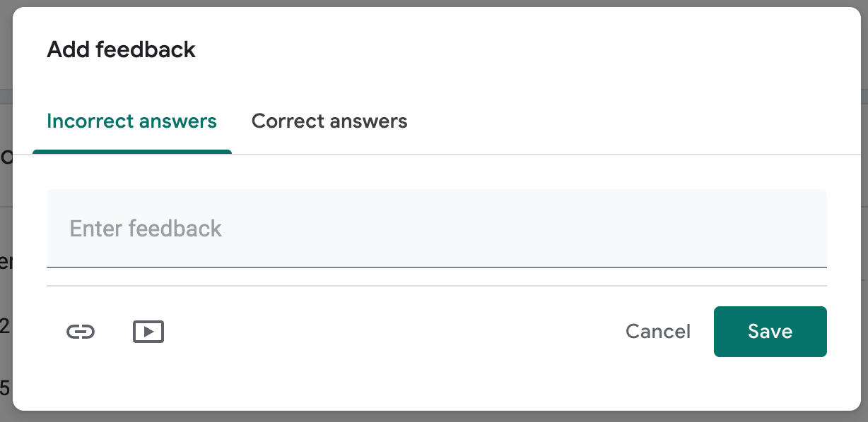 Google Forms feedback settings with tabs for incorrect and correct answers and a text field to enter feedback.
