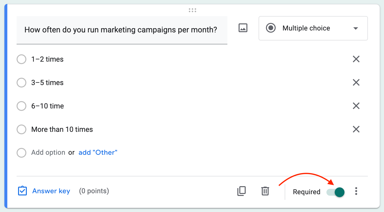 Google Forms question editor showing a multiple-choice question with the “Required” toggle turned on.