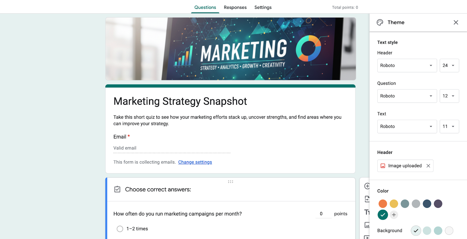 Google Forms quiz with a header image, title, email field, and the Theme panel displaying font and color options.