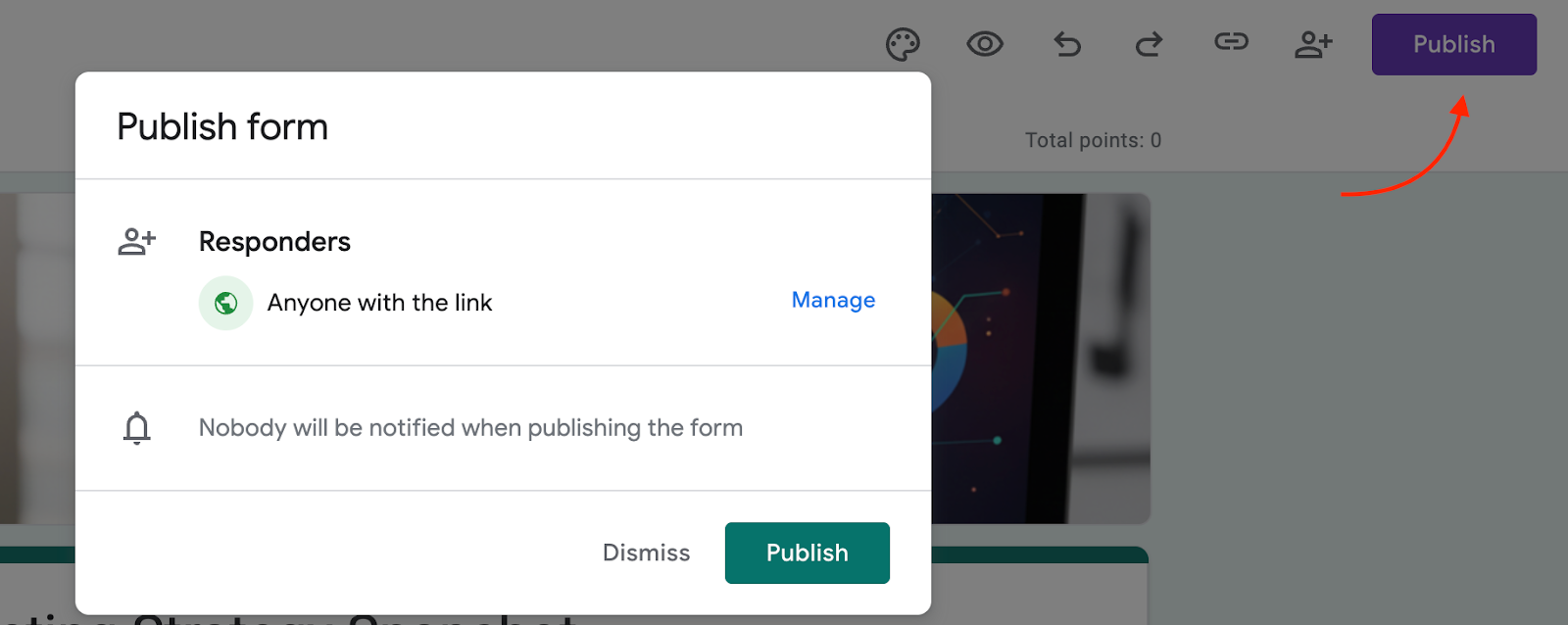 Google Forms “Publish form” dialog showing sharing settings and the Publish button.