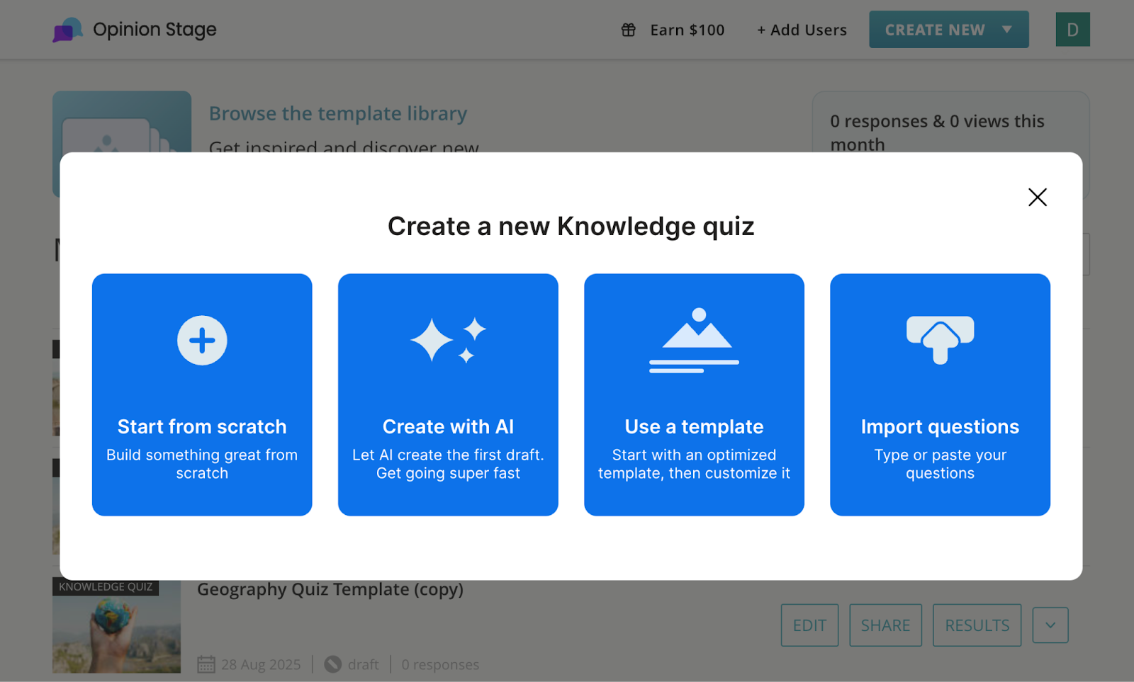 Opinion Stage quiz creation modal with four options: start from scratch, create with AI, use a template, and import questions.