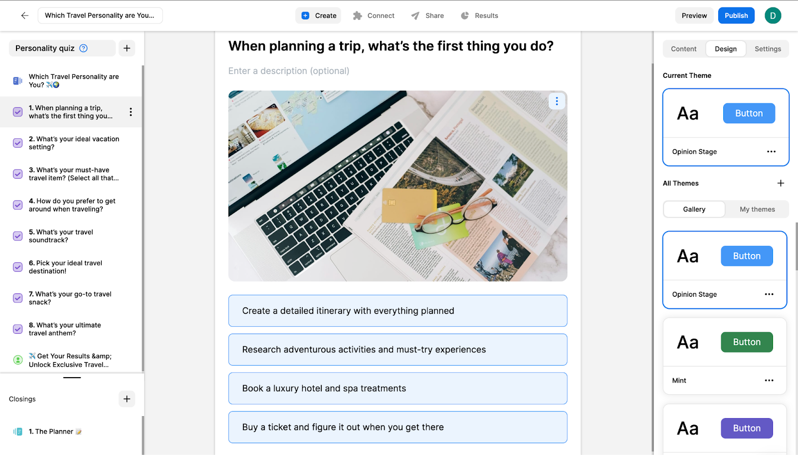 Opinion Stage quiz editor showing a personality quiz question with image-based answer buttons and design theme options.