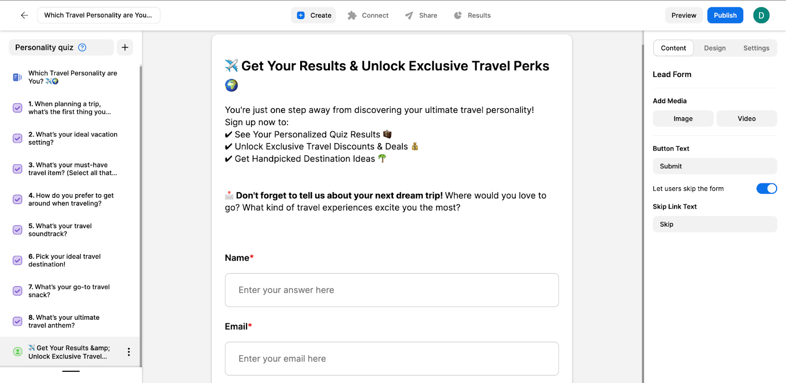 Opinion Stage quiz editor showing a lead form on the results screen with fields for name and email.