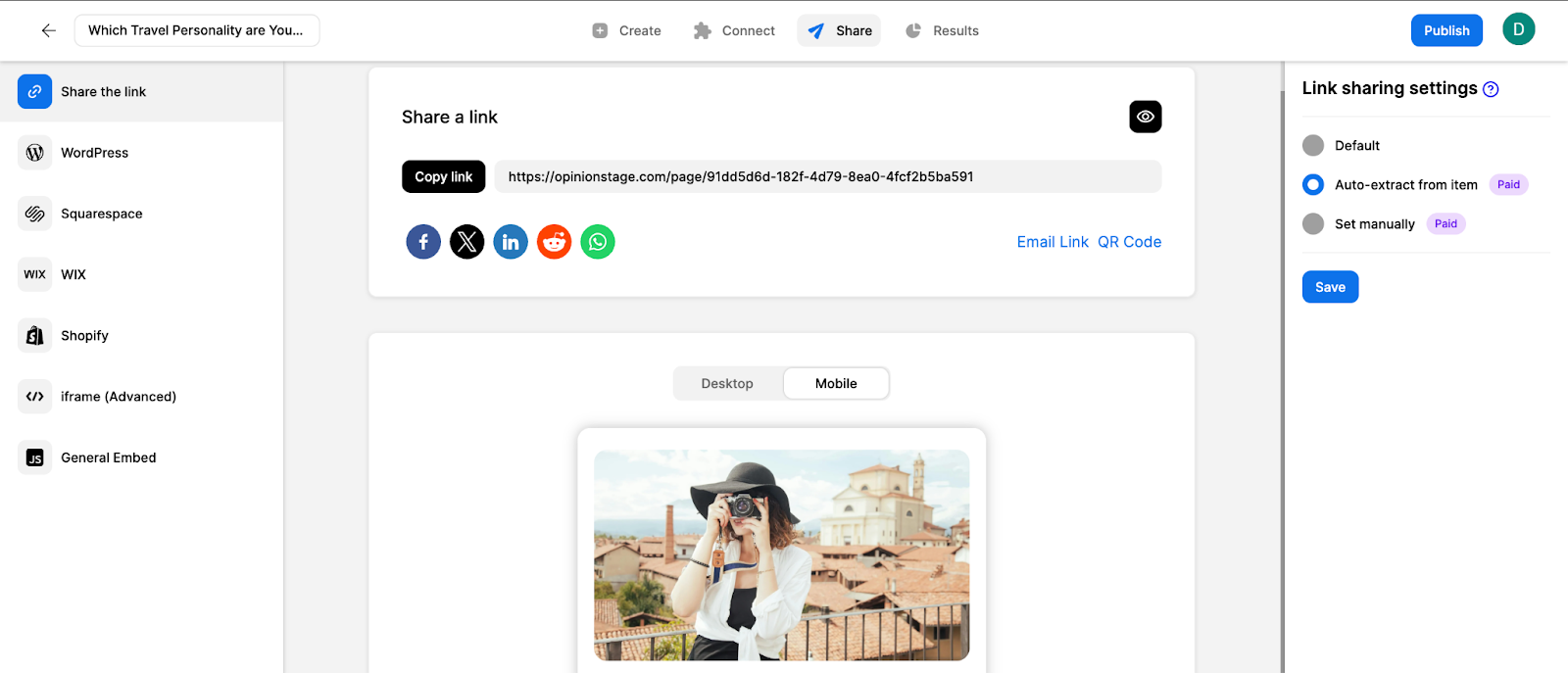 Opinion Stage Share screen showing options to copy a quiz link, share on social media, or embed the quiz on different platforms.