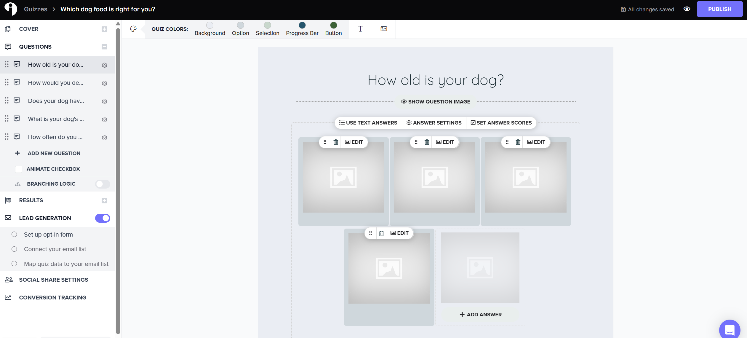 Screenshot of the Interact quiz builder interface showing question editing, image answer blocks, branching logic, and lead generation settings.