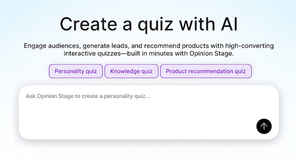 Opinion Stage AI quiz generator screen with options for personality, knowledge, and product recommendation quizzes, and a prompt field to create a quiz with AI.