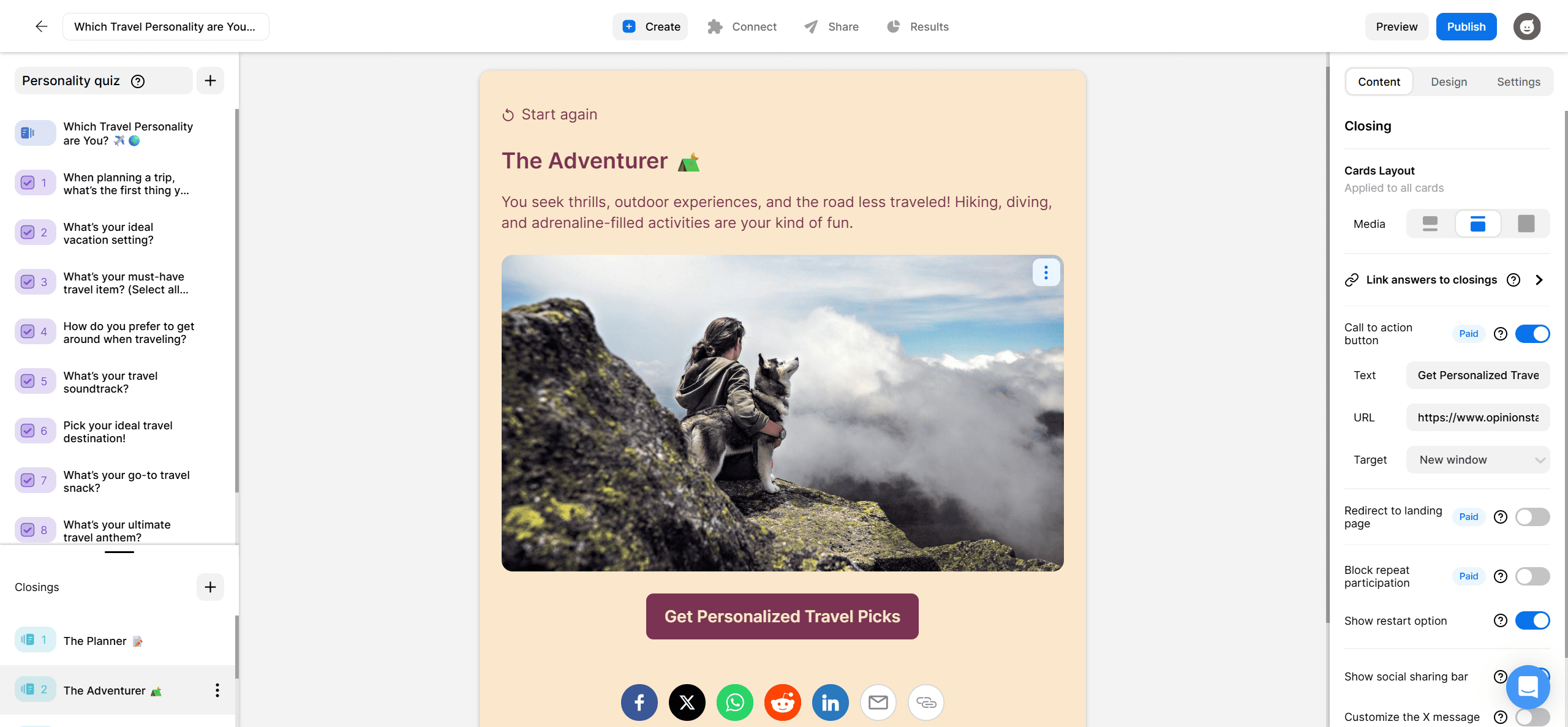 Screenshot of the Opinion Stage quiz builder showing a personality quiz result page with image, call-to-action button, and result customization settings.