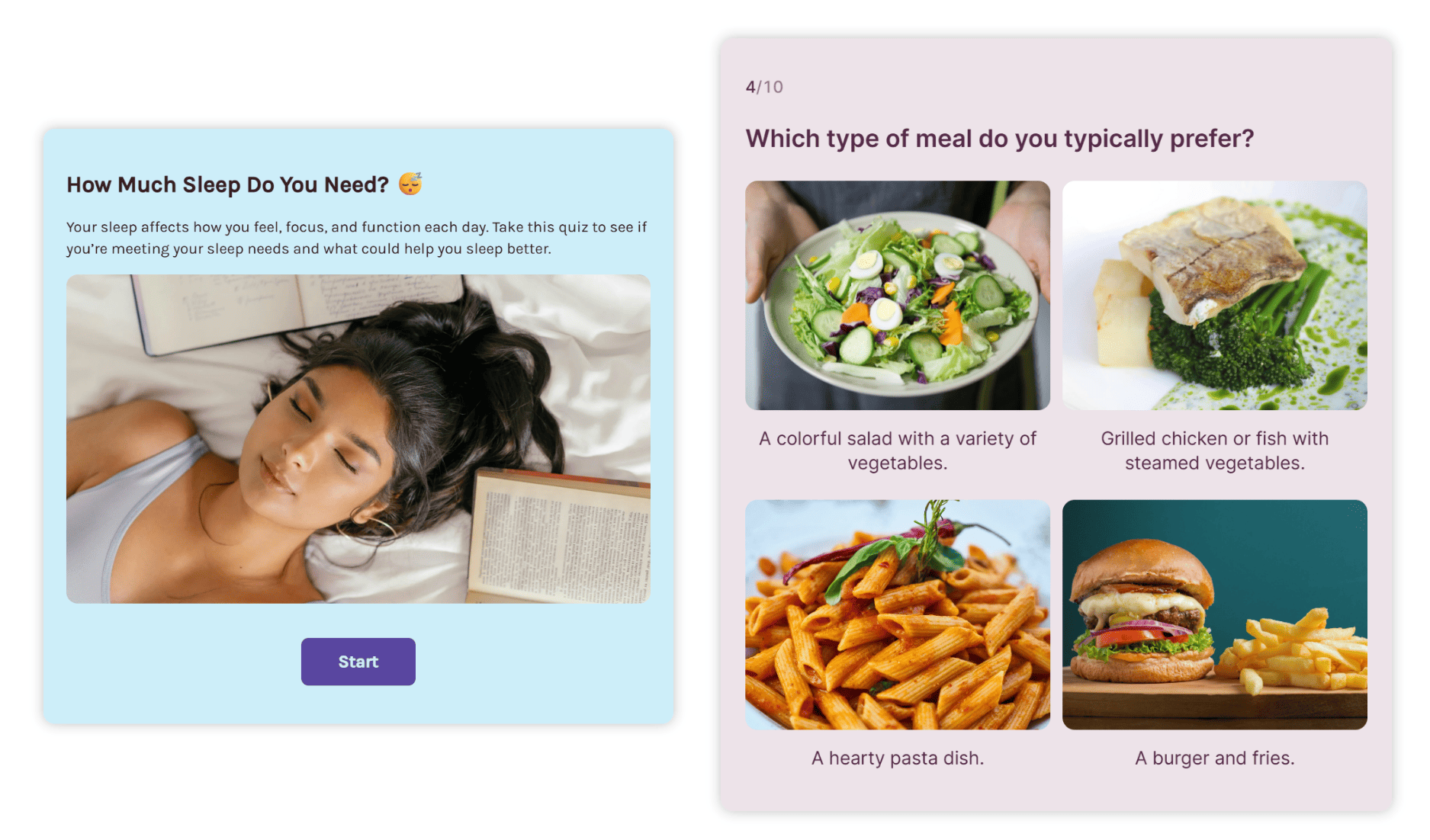 Opinion Stage quiz examples showing a “How Much Sleep Do You Need?” quiz start screen and a visual multiple-choice question with image-based answers.