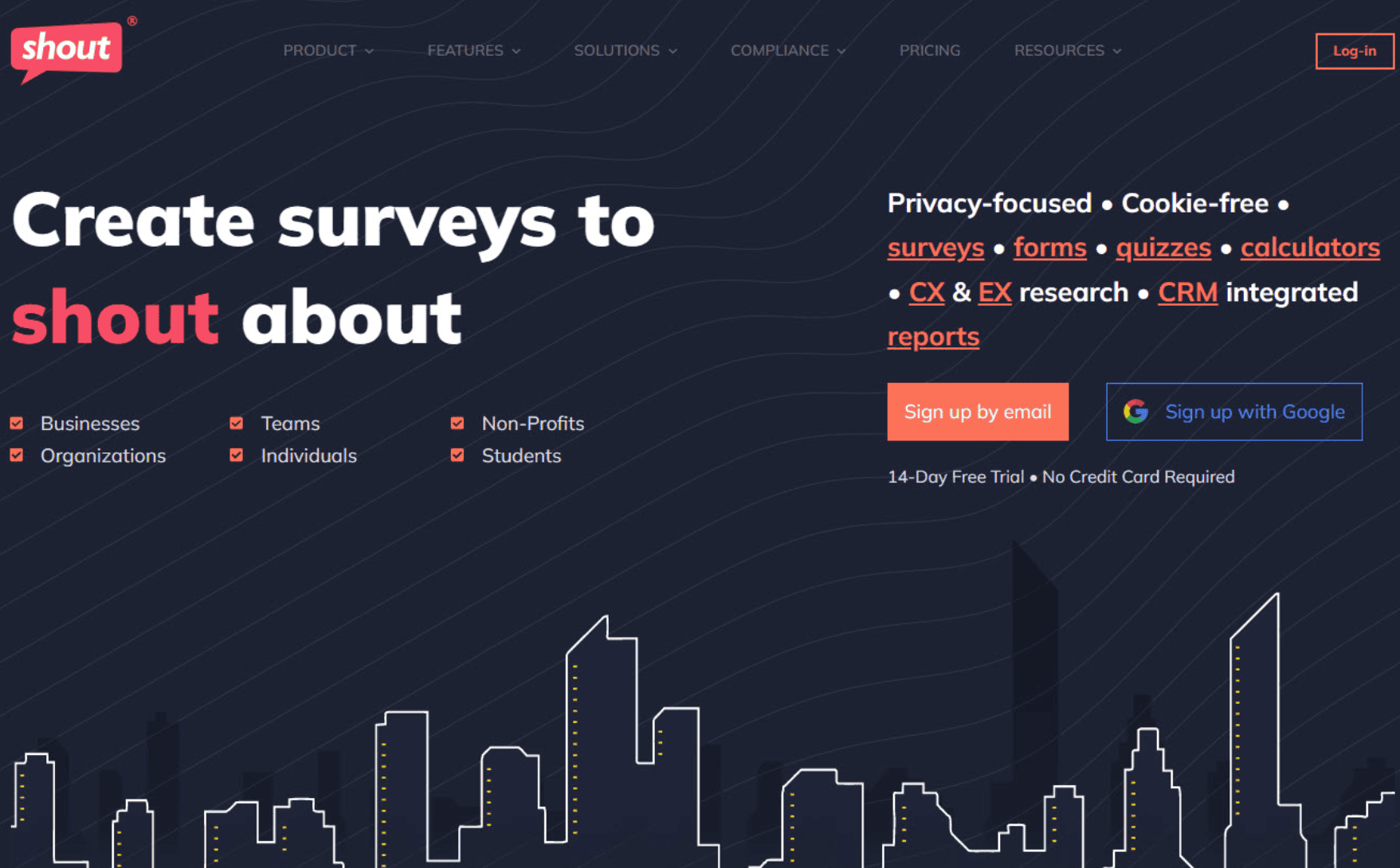 Homepage banner for Shout survey platform with headline “Create surveys to shout about” and sign-up buttons for email or Google.