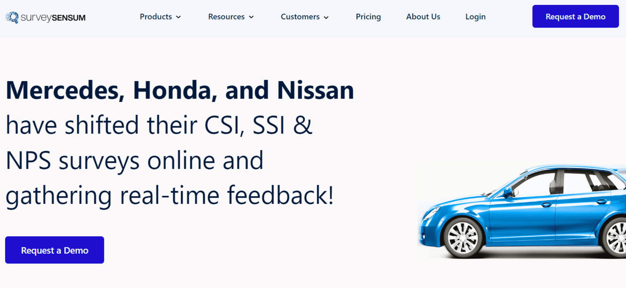 SurveySensum homepage showing a headline about Mercedes, Honda, and Nissan using online CSI, SSI, and NPS surveys, with a “Request a Demo” button and a blue car illustration.
