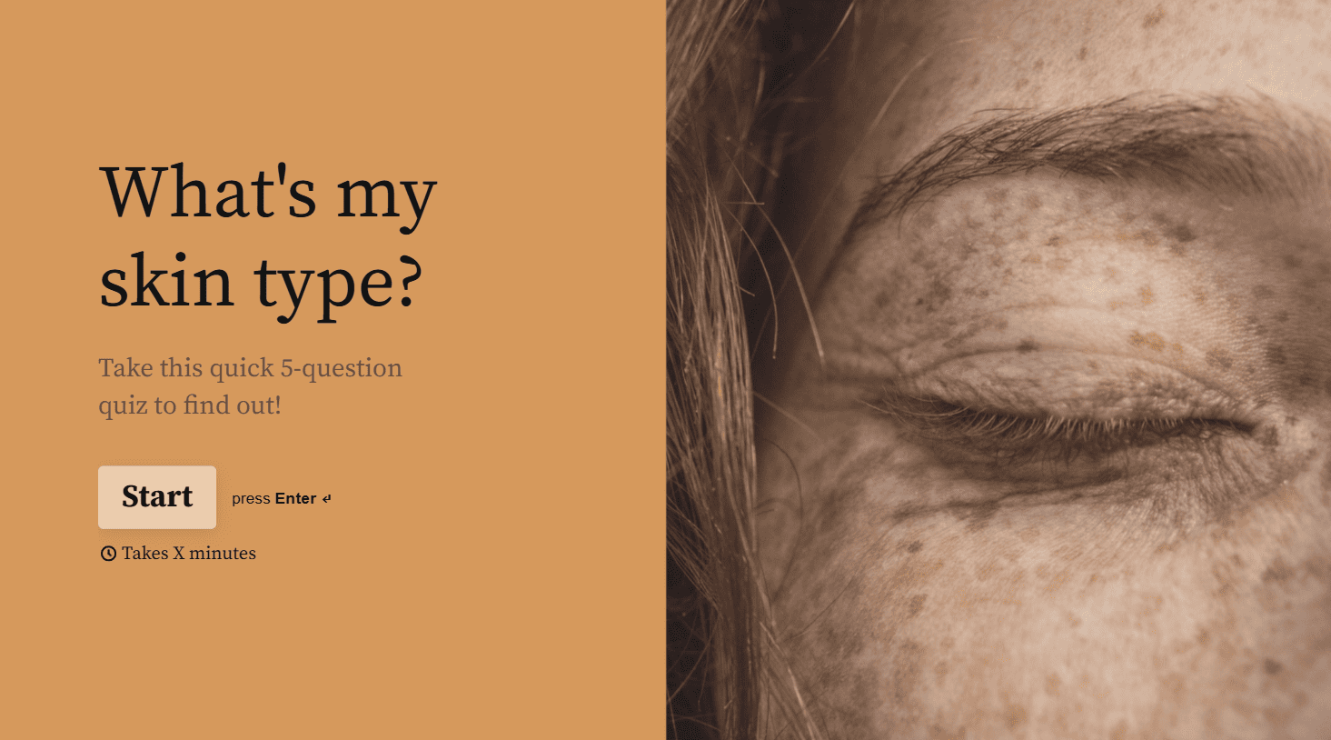 Skin type quiz start screen with close-up photo of freckled skin.