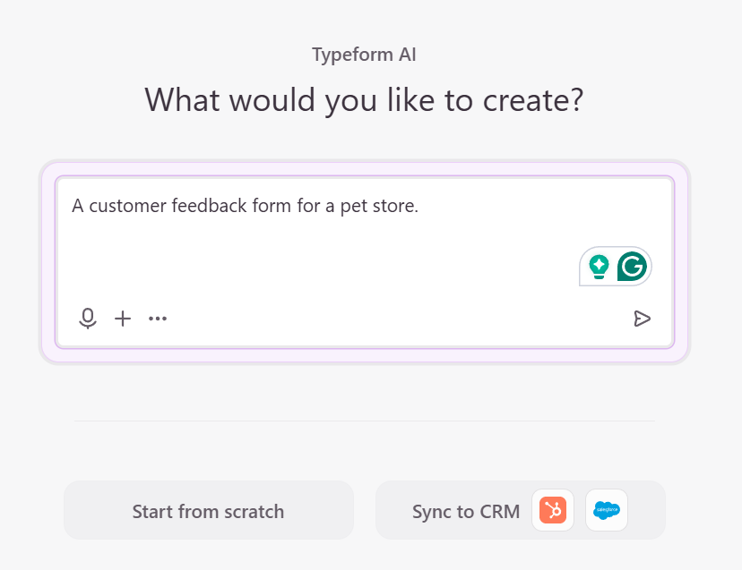 Typeform AI prompt interface used to generate a customer feedback form from a text description.