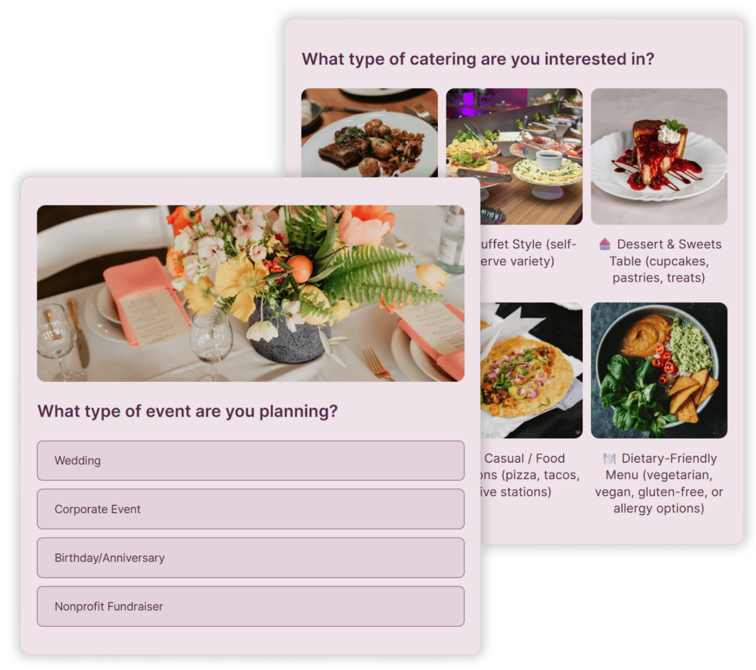 Event planning form with two steps, including event type selection and visual catering options with images.